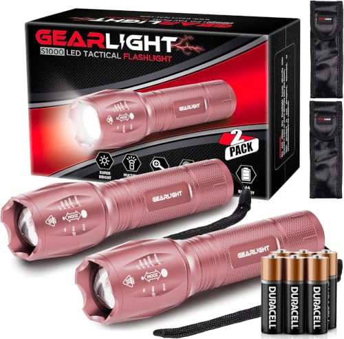 Image of GearLight LED Flashlight High Lumens, Mini Tactical LED Flashlight 2 Pack, 5 Modes Zoomable Beam, Battery Powered for Camping, Hunting, Home & Emergency, Compact Small LED Flashlight (Pink)