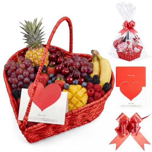 Qinyoung Small Heart Shaped Wicker Basket Set Includes 10.6 x 9.8 x 2.7 Inches Woven Picnic Basket Empty with Handle Clear Gift Bags Card and Pull Bows for Mothers Day Weddings Birthdays(Red)