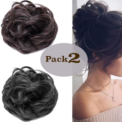 Image of CLITZ (2 PACK) Black +Brown Combo Messy Bun Hair Piece Hair Extension With Elastic Rubber Band Hairpiece Synthetic Hair Scrunchies Hair Piece for Women Girls Color (Brown+Black)