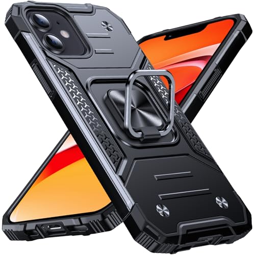 Image of Anqrp Heavy Duty Case for iPhone 12 Mini Case with Enhanced Ring Holder Grip Stand, Military Grade Shockproof Rugged Drop Protective Silicone Hard Slim iPhone 12 Mini Phone Case Cover, Matte Black