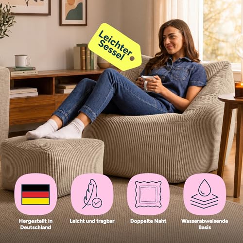 Icon Natalia Sitzsack Sessel mit Hocker für Erwachsene, Beige, Flauschiger Cord Stoff, Riesen...