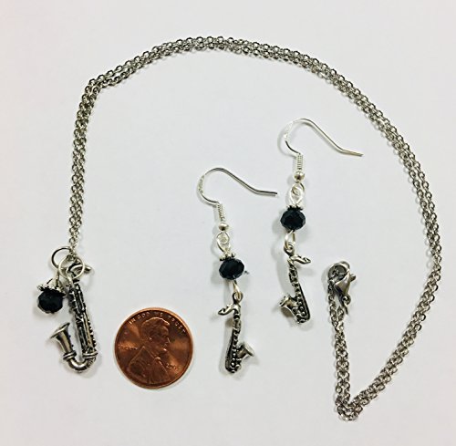 Saxophone Musician Necklace & Earring Set, on 20 inch chain with sterling silver earwires - Thumbnail 2