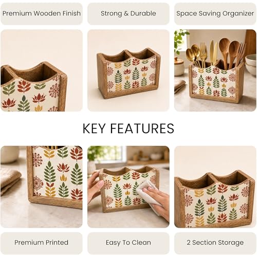 Image of The Earth Store Wooden Leafon Cutlery Holder 2 Division | 6 Inch White & Brown Spoon & Utensil Organizer | Table Top Kitchen Cutlery Stand for Dining Table & Counter Storage