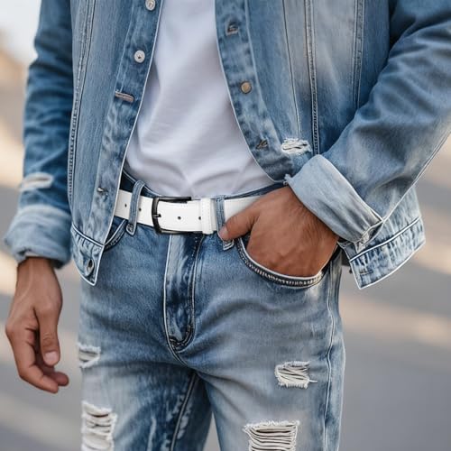 Men's Belt Leather Belt for Men Dress Casual Golf Jeans Pants 1 3/14" (White)4