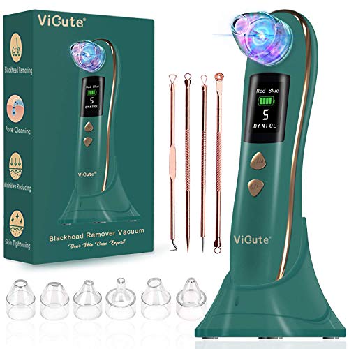 Blackhead Remover Vacuum Pore Cleaner - Blue&Red Light Mode Blackhead Vacuum Remover -Electric Blackhead Acne Extractor Tool With 6 Suction Heads,5 Levels and USB Charging Stand - All Skin Avaliable