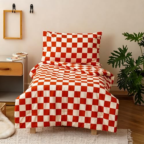 Image of Wellboo Caramel White Plaid Toddler Bedding Sets for Girls Boys Orange and White Checkerboard Grid 4 Pieces Soft Crib Bed Set Including Comforter, Sheets and Pillowcase Kids Checkered Geometric Quilt