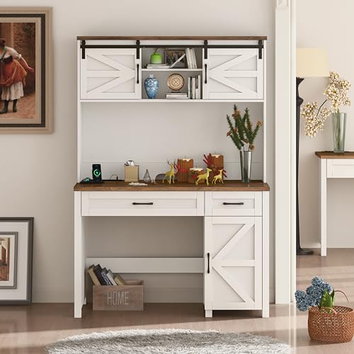 Befrases Farmhouse 47\" Executive Desk, White Computer Desk with 2 Drawers and Storage Cabinet, Home Office Desk with Hutch, Charging Hub, Workspace for Work and Study.