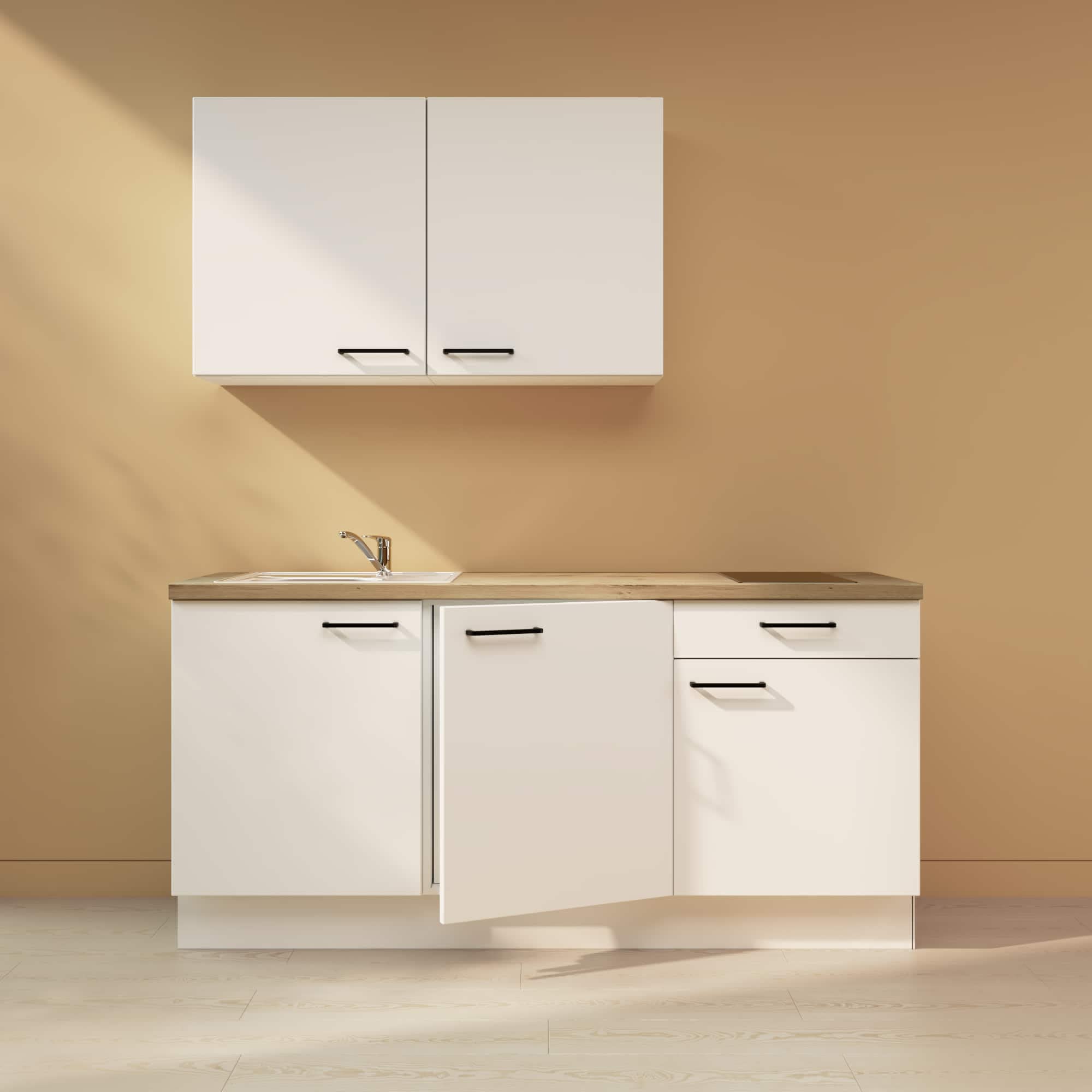 WALLERS cuisine complète 180 cm : Meubles 19mm + Plan de travail 3,8cm + Frigo intégré table top + Plaque de cuisson 2 foyers + Mitigeur (180 cm évier à gauche, Plan de travail couleur chêne)