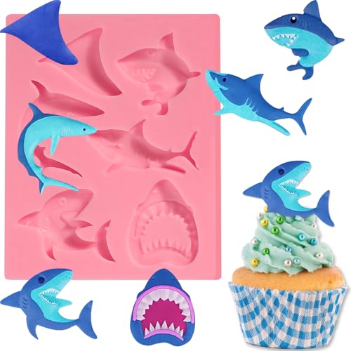 IKOJING 1 Pcs Shark Fondant Mold, Ocean Theme Chocolate Silicone Mold for Cupcake Toppers, Cake Decoration, Candy, Biscuits, Dough, Chewing Gum, Resin Crafts, Plaster Decor, Table Decor