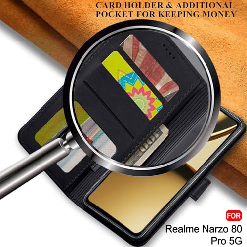 Image of TheGiftKart Flip Cover Back Case for Realme Narzo 80 Pro 5G | Genuine Leather Finish | Designer Button | Inbuilt Pockets & Stand | Wallet Style Flip Back Cover for Narzo 80 Pro (Faux Leather, Black)