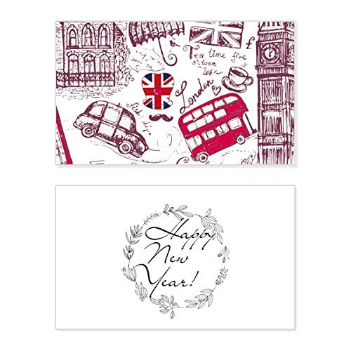 Tarjeta de felicitación de Año Nuevo con diseño de Big Ben y autobús de Londres