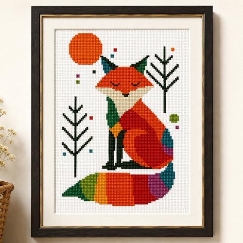 Image of Zhenqing Rainbow Fox Cross Stitch Kit - 11CT Pre-Printed 28x38cm Fabric with Threads & Needle (No Tools) (68571)