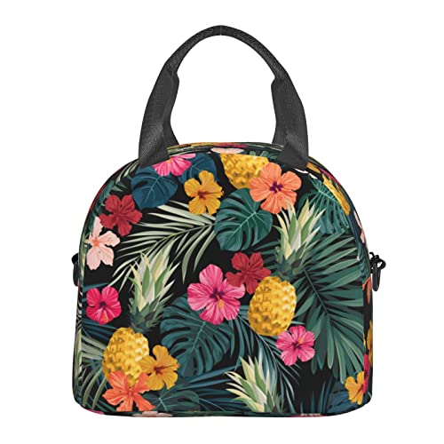Palm Leaves Hibiscus Flowers Lunch Bag Tropical Pineapples Fruit Reusable Insulated Lunch Tote Bag Lunchbox Container With Adjustable Shoulder Strap For Office Work School Picnic Travel #TOP1