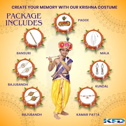 Image of Kaku Fancy Dresses Krishna Costume With Dhoti For Boy /Janmashtami /Bal Gopal Dress /Kanha Costume /Bal Krishna /Mythological Costume For Boy - Yellow-Red, 1-2 Years