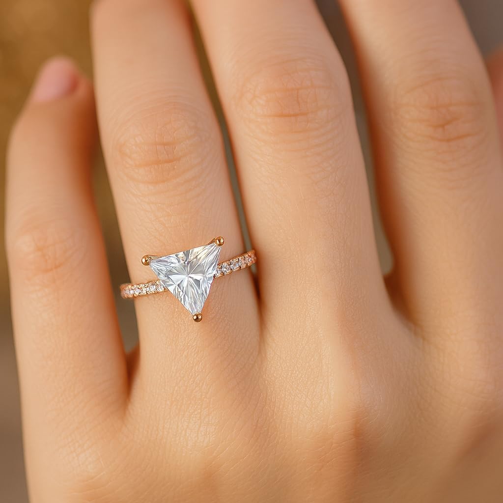 Triangle Cut Moissanite CZ Engagement Ring 14K Rose Gold Trillion Solitaire with Pave Band Unique Modern Promise Handmade Jewelry Gift For Her
