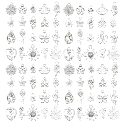 WOCRAFT 60pcs Bright Silver Flowers Bracelet Charms for Jewelry Making Sets DIY Necklace Bracelet Keychain Crafting Charms Kit Craft Supplies (SN879)