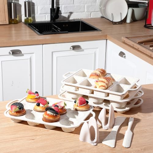 Yiyiring 7 Pcs Silicone Baking Pan Set with 4 Molds (Loaf, Muffin, Mini Muffin, Round), Spatula, Dual-head Pastry Brush Oven Mitts Nonstick for Cupcakes Brownies Bread, Confetti Design