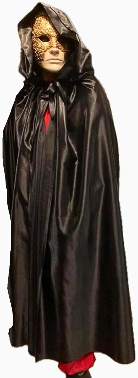 Eyes wide shut mask and hooded black satin cape set, combination of the 2 items. Handmade Venetian masquerade costume - Halloween clothes - Halloween outfit for men.