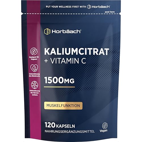 Kaliumcitrat Hochdosiert 1500mg je Tagesdosis mit Vitamin C | 120 Vegane Potassium Citrate Tabletten | Muskelaufbau & Elektrolyte (EFSA) | Kalium Supplement | Horbaach