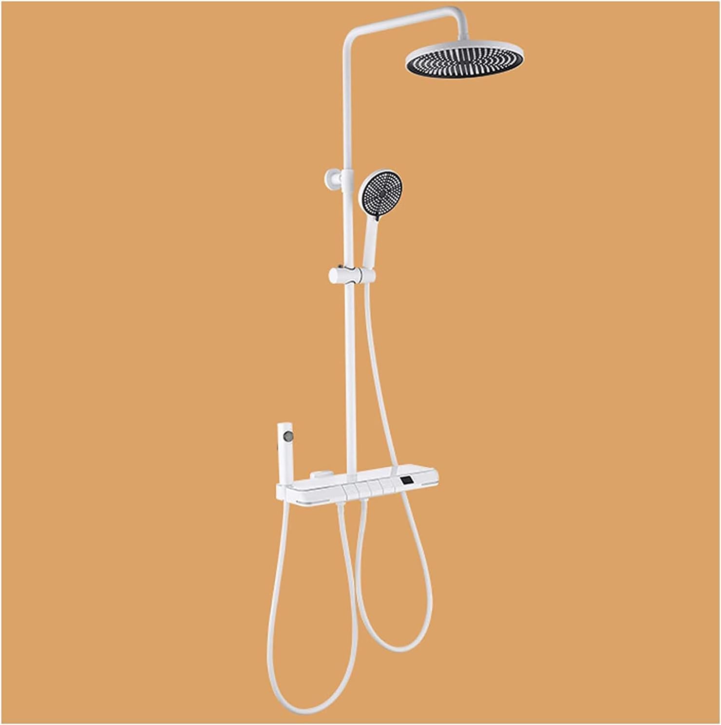 OZBMA Exposed Shower Set with Tub Spout, Rainfall Head Handheld, 4-Functional Fixtures Brass Valve, Height Adjustable, Temperature Display, Faucet,White-A (White A)
