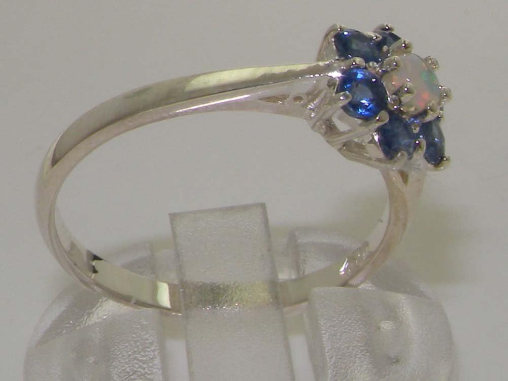 925 Sterling Silver Real Genuine Opal and Sapphire Womens Cluster Anniversary Ring