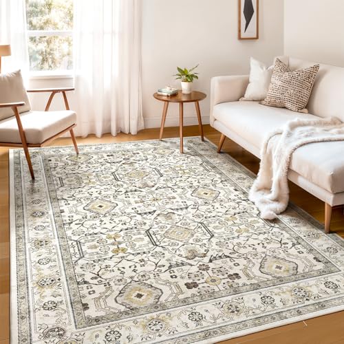 WITSHOCK Living Room Area Rugs 5x7: Washable Rug Boho Soft Non-Slip Low Pile Stain Resistant Foldable Carpet for Bedroom Playroom Dining Room Office Kitchen Farmhouse Home Decor Rug-Cream Color