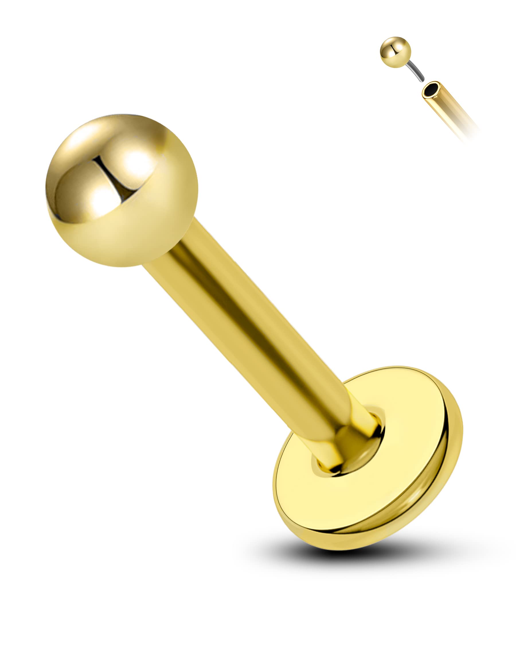 COCHARM 14K Solid Gold Helix Cartilage Tragus Earring Stud 16g Yellow Gold Threadless Tragus Cartilage Helix Conch Piercing Jewelry Flat Back Lip