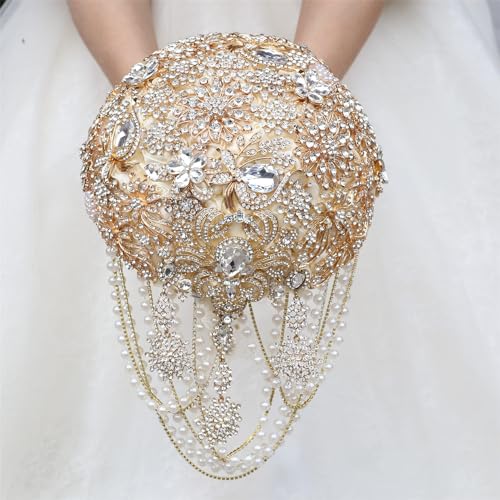 Image of MaxxCloud Luxury Gatsby-Inspired Vintage Wedding Golden Brooch Bouquets Handmade Sliver Bling Glam Wedding Bridal Bouquet