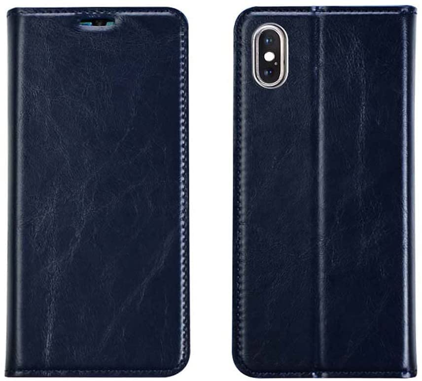 Housse portefeuille iPhone Xs Max protection rabat bleu KANUZ