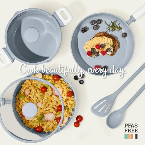 Image of CAROTE Pots and Pans Set Nonstick, Ceramic Cookware Set, Blue Cooking Set Kitchen Induction Set with Steamer, PFAS PTFE Free,9 Piece