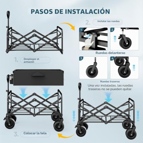 Miniatura 2 de 100L Carro Plegable Playa, Carro Playa Ruedas Grandes de Alta Capacidad de Carga, Ruedas Grandes Todoterreno, Capacidad 100KG Carrito de Playa para Jardín, Camping, Compras, Negro