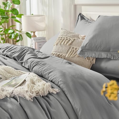 Image of Andency Queen Comforter Set with Sheets Medium Grey - 7 Pieces Boho Tassel Bed in a Bag Soft Lightweight Bedding Sets, Fringe Bed Set with Comforter, Sheets, Pillowcases & Shams
