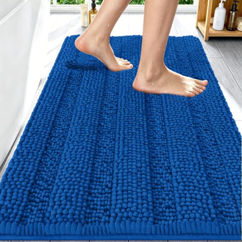 Image of Smiry Thick Chenille Bathroom Rugs 30x20, Extra Absorbent Striped Bath Mat, Machine Washable, Rubber Backing, Bath Rugs for Bathroom, Tub & Shower, Home Decor Accessories, Deep Navy Blue