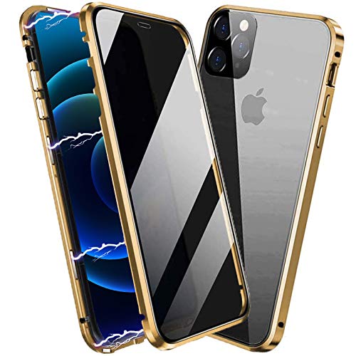 ACCREW Privacy Magnetic Case for iPhone 12/12 Pro, Anti Peep Magnetic Adsorption Privacy Screen Protector Double Sided Tempered Glass Metal Bumper Frame Anti Peeping Anti-Spy Phone Case Gold