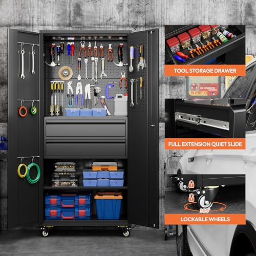 Image of Metal Garage Storage Cabinet with Wheels, 2 Internal Drawers