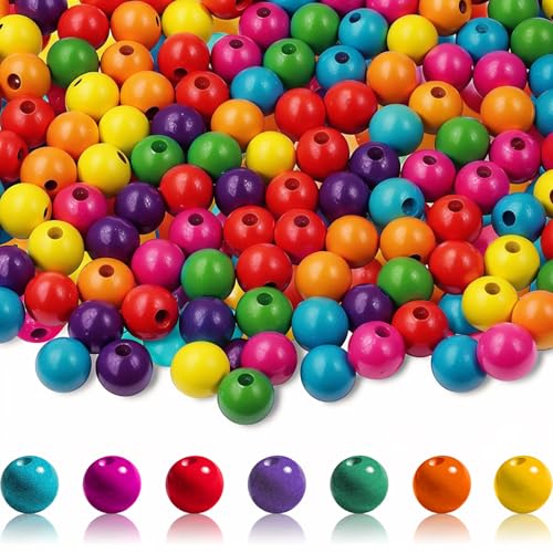 Jyvex 800 Stück Holzperlen Bunt 10mm Bunte Holzperlen zum Auffädeln Natürliche Runde Holz Bunte Perlen für DIY Schmuck Herstellung Dekorationen Halskette(Mit Perlennadeln)