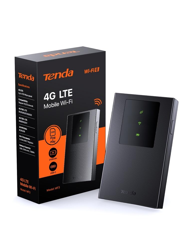 Tenda Router 4G Móvil, Modem 4g SIM (Cat4), Hotspot Portátil WiFi 6 AX300, MiFi 4G con Batería de 2100 mAh, USB-C Puerto, WPA3, Plug & Play, Carga con Power Bank, Nano SIM (MF3)