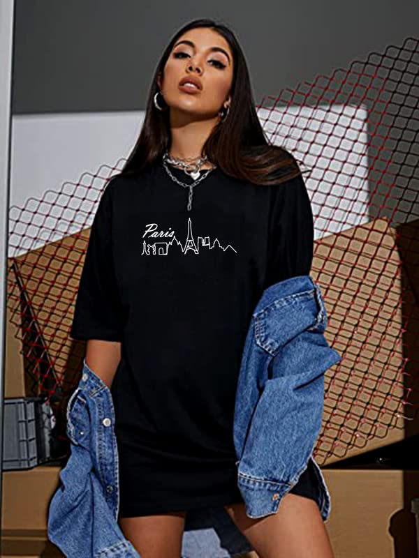 Image of FA Se Fashion Women Pure Cotton Casual Paris City Printed Baggy Oversized Round Neck Drop Shoulder Tshirt, Black, Size S to XL