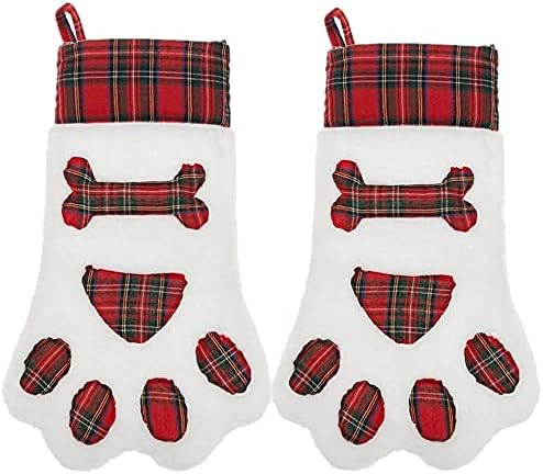 2 Pack Christmas Paw Stockings 18" Plaid Red Dog Bone Gifts Bags Accessories