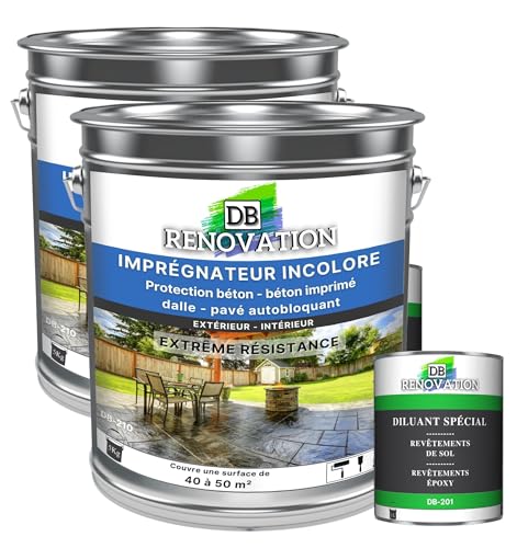 DB Rénovation Vernis de protection sol béton, pierre pour Terrasse, façade - Imperméabilisant, Hydrofuge, Anti-tâche - Incolore 10 KG + 2L Diluant