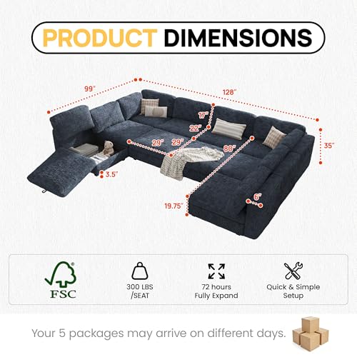 Image of 157 inch Modular Sectional Chenille Sofa bed with Hidden Storage, Comfy Modern 10 Seater Oversized Deep Seat Couch, Modular Sectional with Ottoman and Removable Cover for Living Room, Apartment, Black