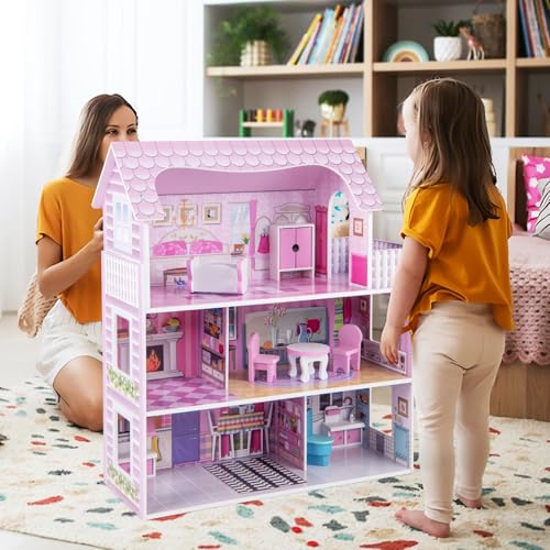 COSTWAY Casa de Muñecas de Madera, Casa Muñecas de 3 Niveles con Accesorios para Niños y Niñas Más de 3 Años, Juego de Roles Infantil, Casita de Muñecas de Ensueño, 61 x 26,5 x 71 cm, Rosa - imagen 8