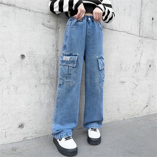 Girls Denim Cargo Pants Distressed High Waisted Straight Leg Cargo Jeans for Teen Kids Wide Leg Denim Pants Trendy Jeans3