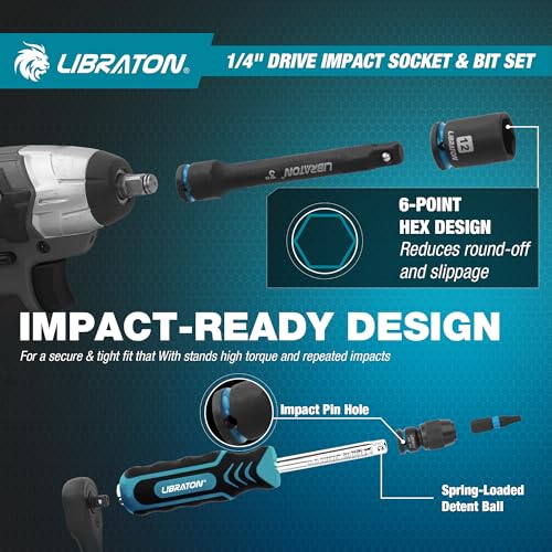 Image of LIBRATON 71PCS 1 /4 Impact Socket Set, Complete SAE & Metric Socket & Bit Set, Impact Ready Drive Socket Kit with 90-Tooth Ratchet & Spinner Handle for Drill & Impact Driver, Automotive Repair Tool Kit