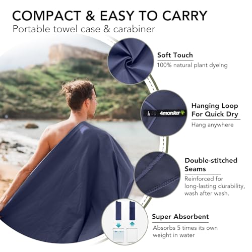 Image of 4Monster Quick Dry Travel Towel with Case & Carabiner - Super Absorbent Microfiber Gym & Camping Towel. Compact, Lightweight, Fast Drying for Beach, Swimming, Hiking, Backpacking