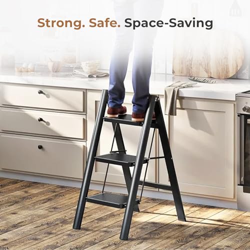 Image of HomeEssentials Foldable Ladder for Home | Heavy-Duty Steel with Large Platform | Wide Non-Slip Rubber Feet | Secure Lock Mechanism (3 Step)