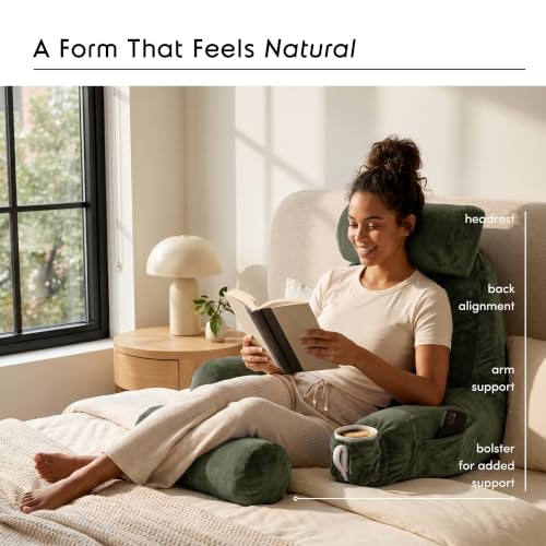 Image of Nestl Reading Pillow with Shredded Memory Foam Includes 2 Neck and Lumber Support Pillows, Designed for Sitting Up in Bed and Couch, Back and Arms Adjustable Support for Adult & Teens, Olive Green