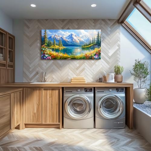 crmotu Spring Landscape Wall Art, Snow Mountain Lake Large Artwork, Colorful Meadow Wildflower Canvas Pictures, Nature Wilderness Paintings Wall Decor Living Room Bedroom Kitchen Farmhouse 24x48 Inch