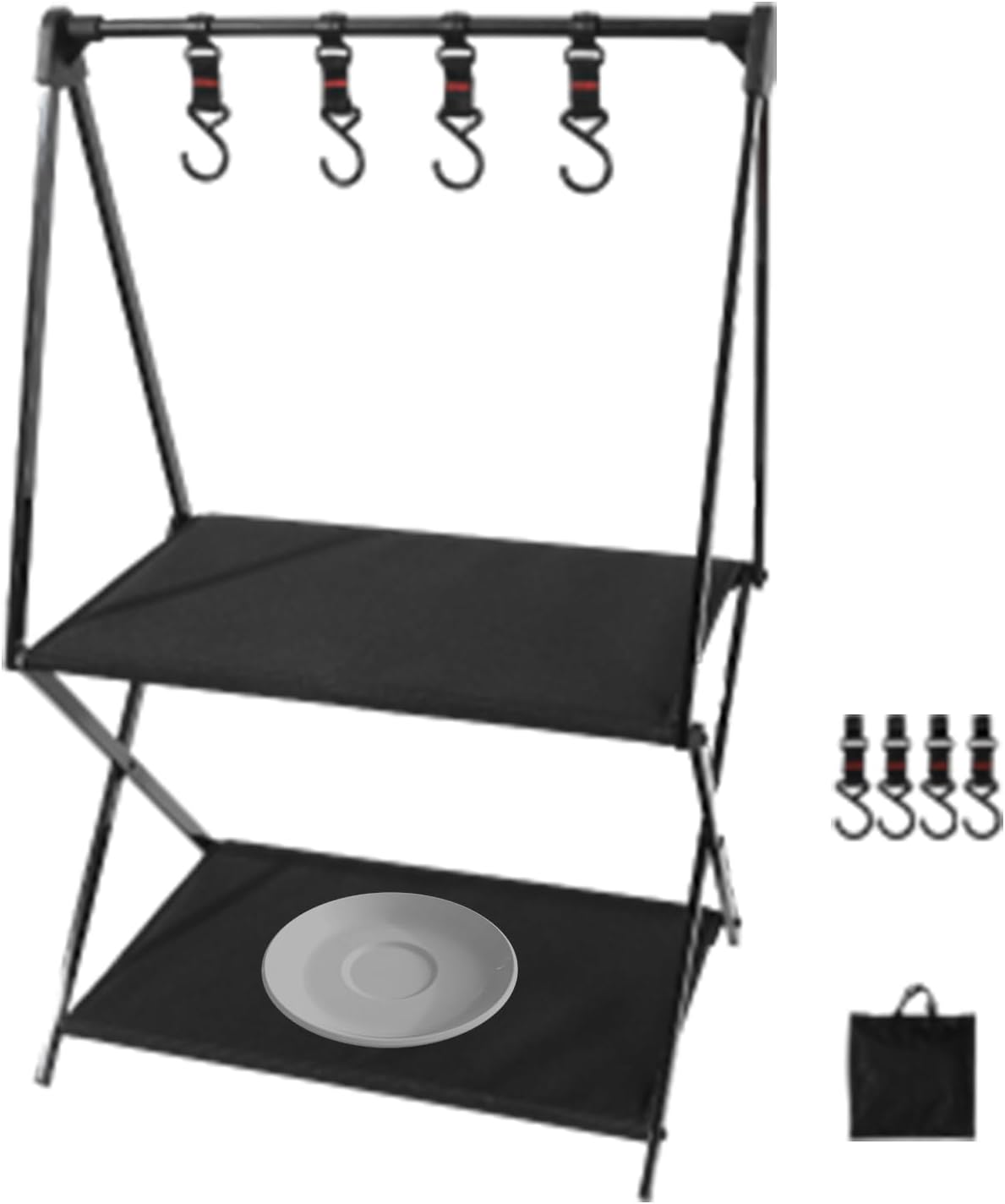 awakentti Folding Shelf Storage Rack, 2-Tier Storage Shelf Racks and Shelving Organizer with 4 Hooks, Portable Collapsible Aluminum Alloy Storage Rack for Kitchen Camping Picnic BBQ Indoor Outdoor