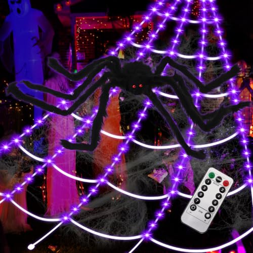 Spider Webs Halloween Decorations,16.4Ft 8Modes Super Bright 250LED Halloween Lights with Remote Control,49'' Giant Super-Realistic Spider,Outdoor Decorations for Yard,Outside - image 1